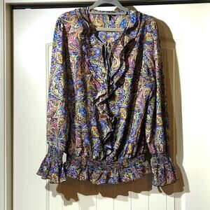 Inois Paisley Multi-color Ruffle Blouse Women's Size L